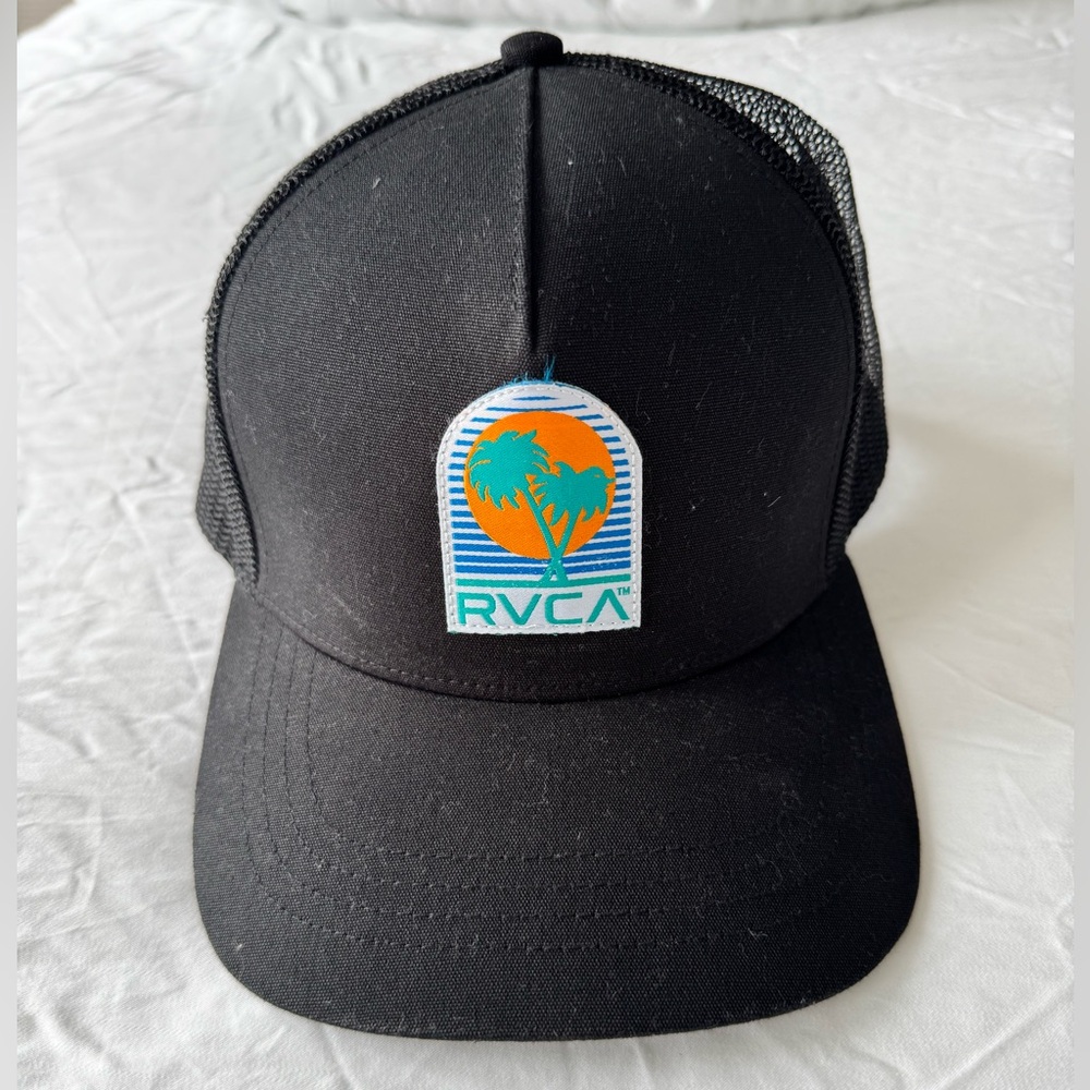 RVCA Black Trucker Hat with Orange and Teal Palm Patch